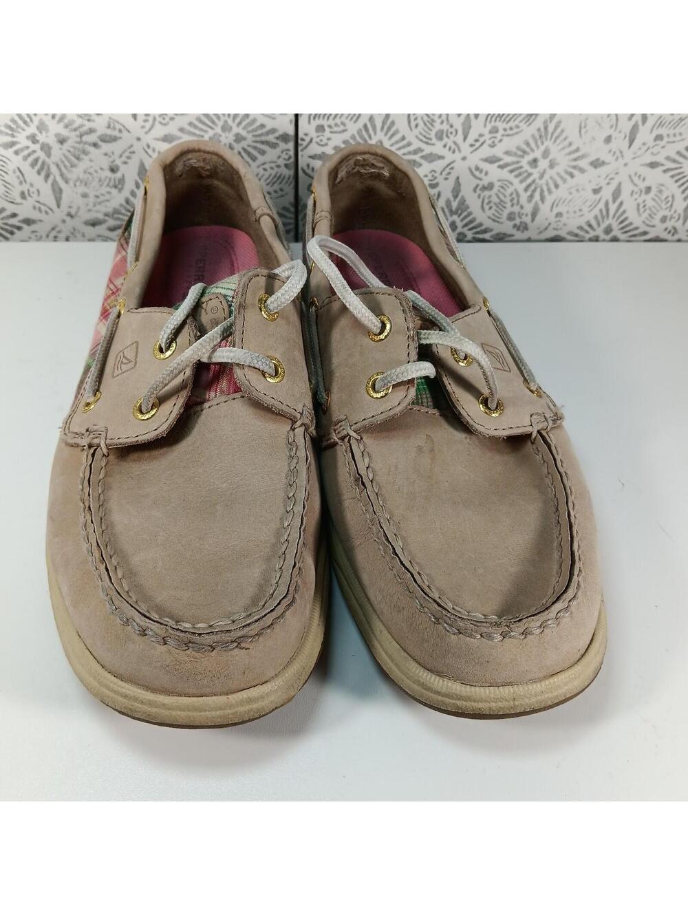 Sperry Womens Plaid Tan Pink Green Leather Boat Deck Shoes Size 6.5M Preppy Girl